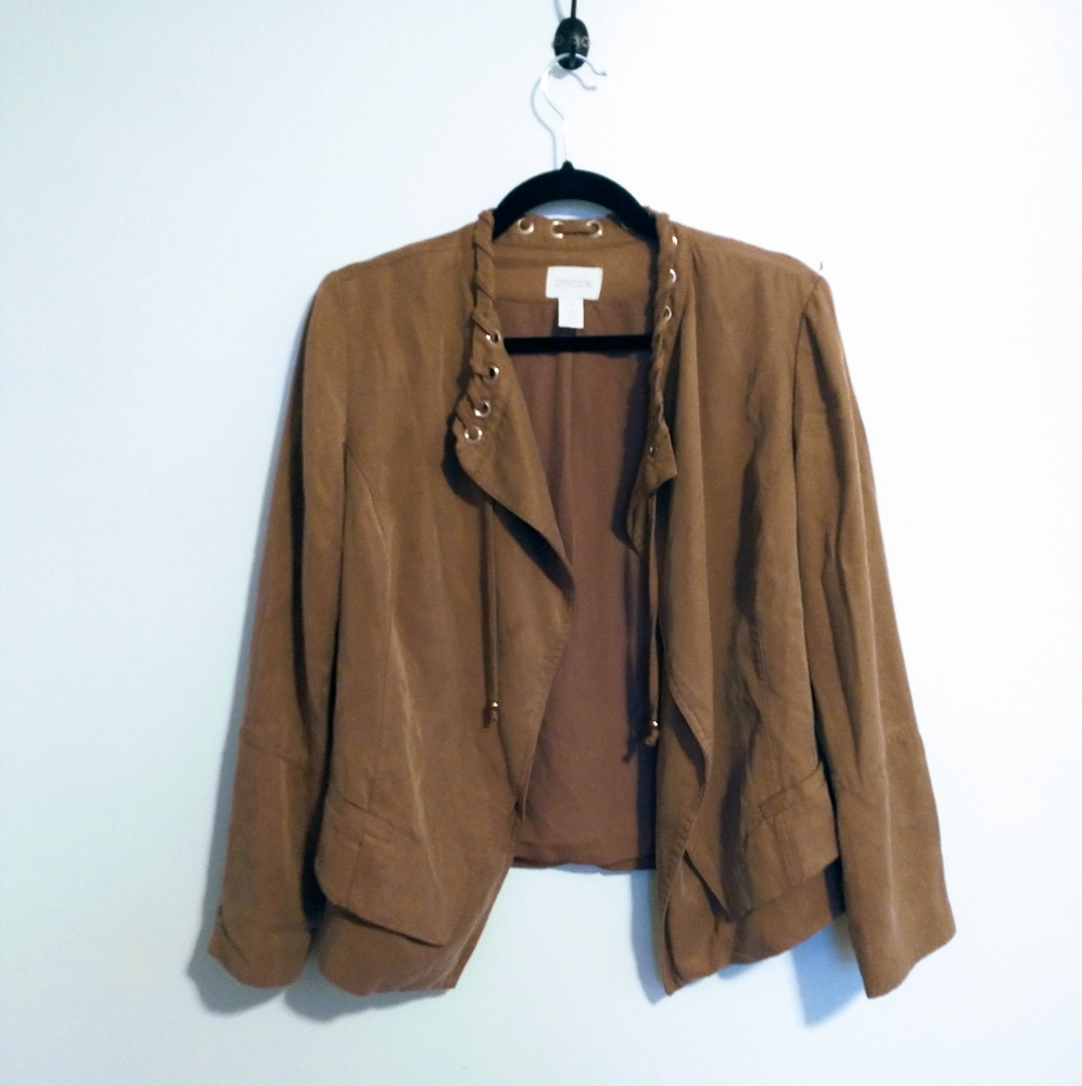 Chicos brown jacket with braided cord detail along the collar. Size 1. Draped o